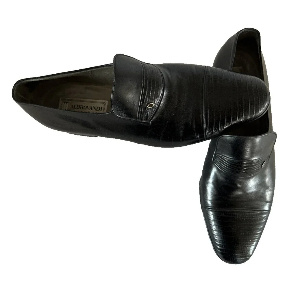 Aldrovandi Men's Black Leather Slip-On Loafers Hand made in Italy US 10.5 EU 9.5